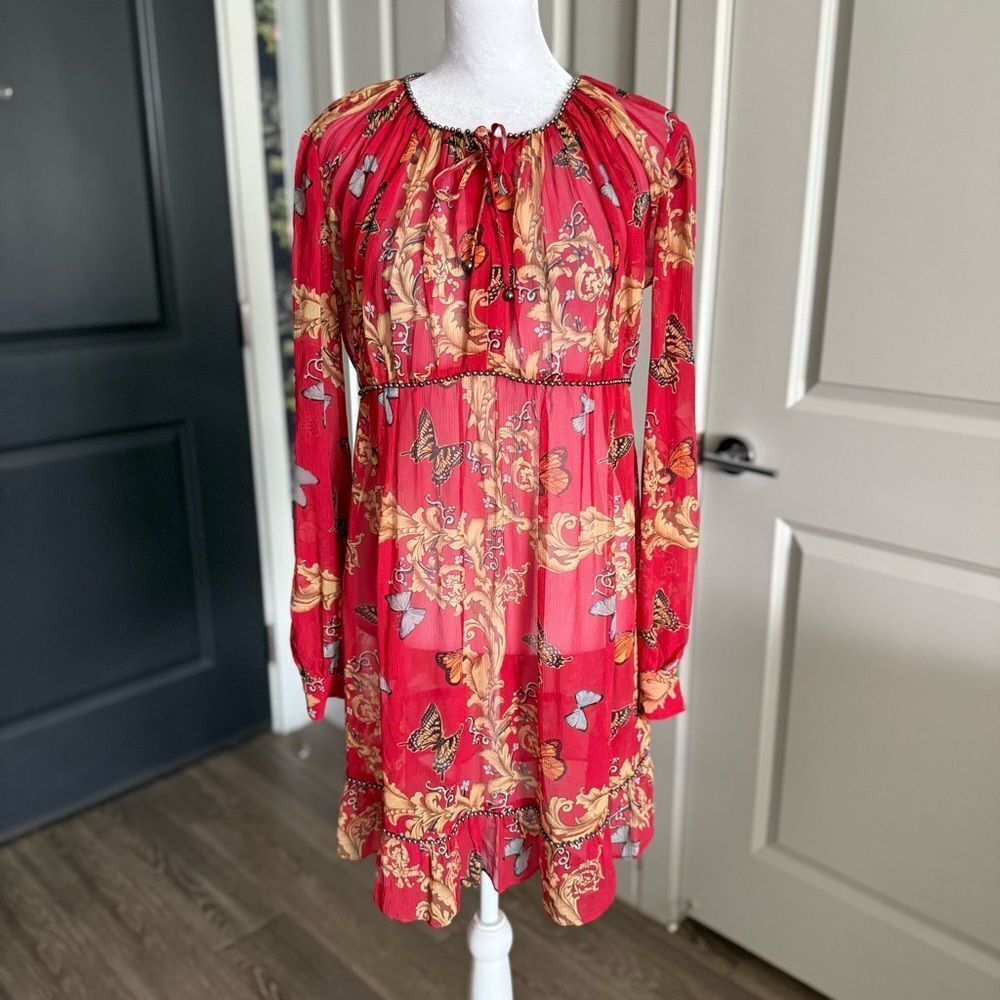 The Kooples 100% Silk Red Royal Butterfly Ruffle Dress Size Xs